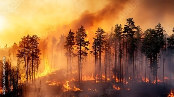 Obraz A forest being engulfed in flames due to rising temperatures 