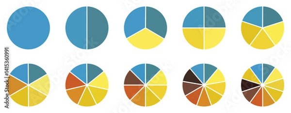 Fototapeta 
Pie chart color icons. Pie chart sign. Circle section graph. Wheel round diagram parts. pie charts data, pie charts infographic, pie chart bar graphs. Charts diagram segment infographic