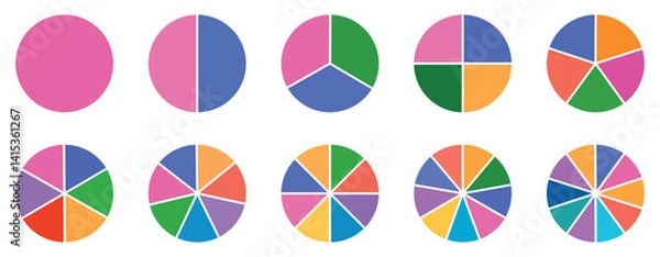 Fototapeta Pie chart set, segmented circle icons, color infographic flower round diagram, pie chart divided equal parts, infographic wheel segment and fraction, percentage wheel, circle with sections or parts.