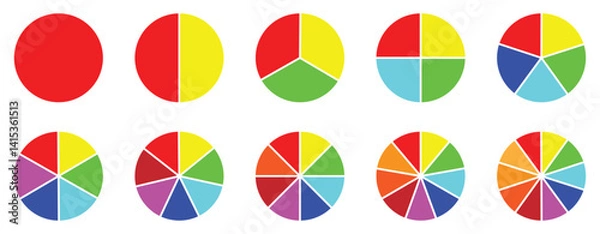 Fototapeta Pie chart set. Colorful diagram collection with 1,2,3,4,5,6,7,8,9,10, sections or steps. Circle icons for Infographic wheel segment and fraction. Vector eps 10