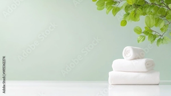 Fototapeta Soft white towels stacked on a white surface,  peaceful green background with leaves