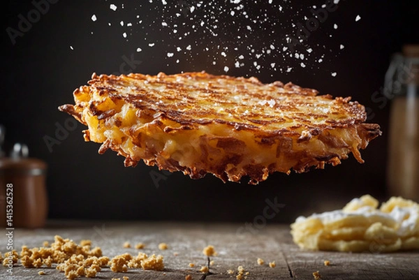 Obraz A giant hash brown hovering in mid-air, surrounded by golden crumbs and flying salt