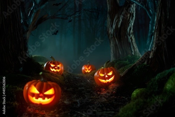 Fototapeta Jack-o'-lanterns glow eerily in a spooky, darkened forest, capturing the essence of the Halloween spirit with a focus on shadows and a mystical ambience.