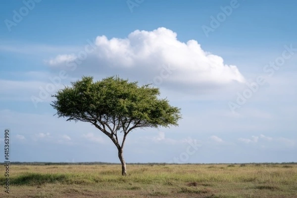 Fototapeta lone acacia tree stands against vast expanse of south african savannah