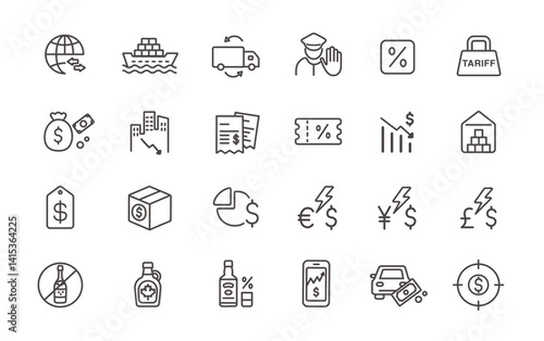 Fototapeta Trade tariffs, trade war icon set. American import and export tariffs. Vector line icon set with editable stroke.