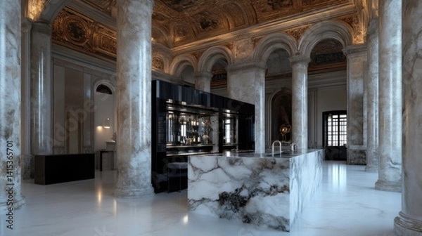 Fototapeta Grand, luxurious bar in a historic hall.  Marble countertop, dark cabinetry, elegant columns, and arched ceilings create a sophisticated atmosphere
