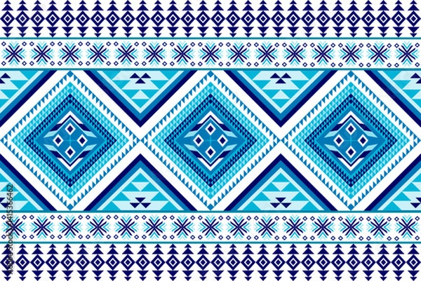 Fototapeta Intricate native-inspired geometric design: Blue-white symphony of diamond shapes, tribal snowflakes, and precise zigzag patterns celebrating cultural artistry and timeless symmetry.