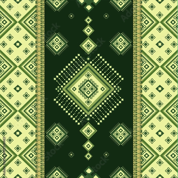 Obraz Verdant tribal diamond pattern with intricate pixel motifs in forest green and chartreuse. Perfect for eco-conscious designs, cultural textiles, and earthy modern decor.