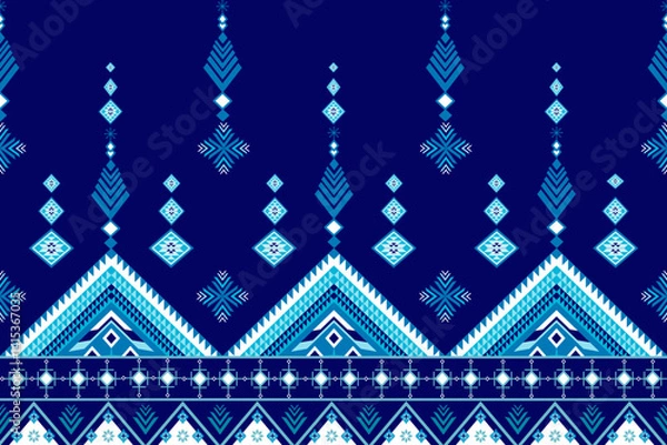 Obraz Indigo-hued ethnic textile design featuring geometric mountain-like peaks and intricate diamond motifs, blending traditional tribal craftsmanship with modern digital elegance.