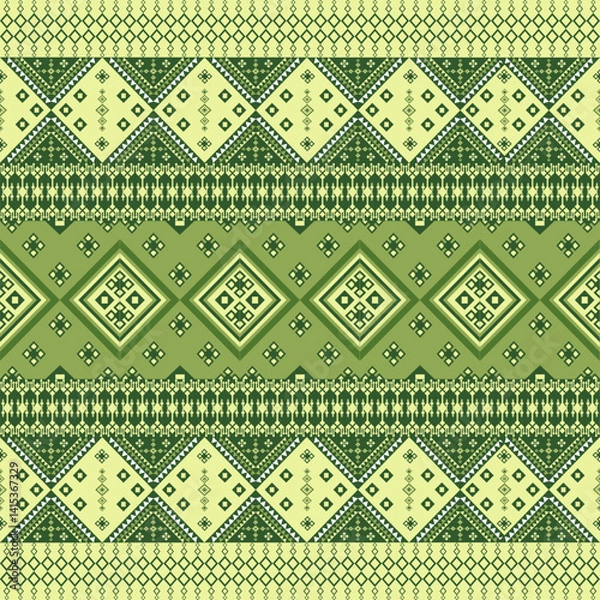 Obraz Olive-cream tribal bands with nested diamonds. Symmetrical folk pattern with geometric precision. Earthy tones blend tradition and modern design.​​​​​​​​​​​​​​​​