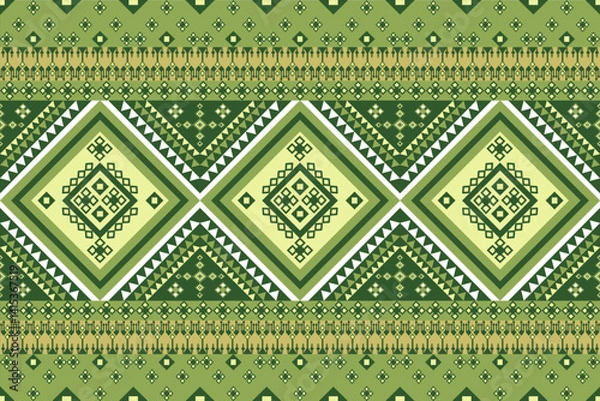 Obraz vibrant geometric pattern features layered diamond motifs in various shades of green and cream, accented with triangular borders and intricate square details. design draws inspiration from traditional