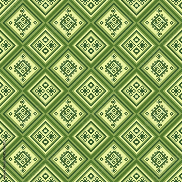 Obraz Serene olive diamond grid with nested pixel motifs on cream. Ancestral-inspired geometry perfect for eco-friendly textiles and heritage-modern fusion designs.