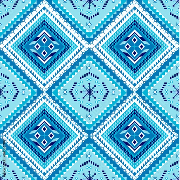 Obraz Tribal elegance meets winter's whisper: Geometric diamonds, snowflake motifs, and rich blue tones weave a cultural narrative of symmetry and tradition in this captivating digital art design.