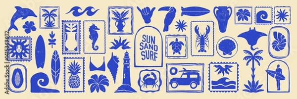 Fototapeta Summer ocean print, tropical sea set, vector hand drawn coastal blue post stamp beach sign design. Hawaii surf sun logotype, shell silhouette, exotic nature plant vintage sticker. Travel summer print