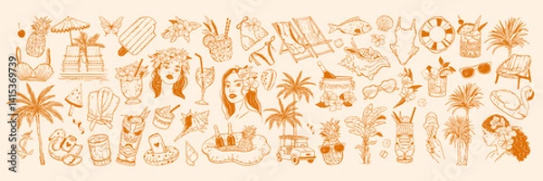 Fototapeta Tropical summer Hawaii doodle set, vector exotic hand drawn travel illustration, paradise island kit. Vacation beach party object, ocean rest line print, traditional Polynesian woman. Tropical summer