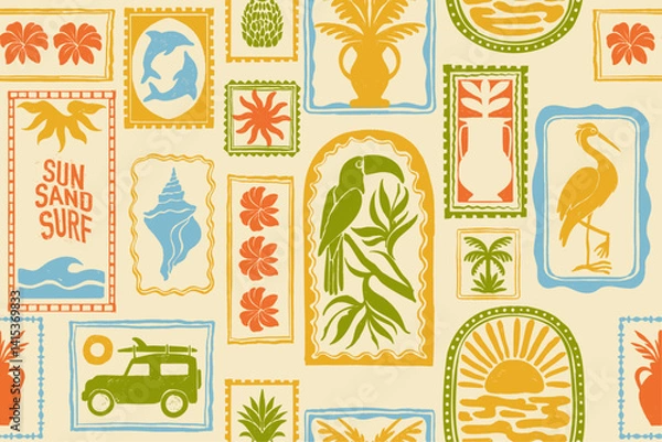 Fototapeta Tropical summer seamless pattern, vector exotic Hawaii decoration print, ocean surf vintage texture. Abstract nature travel ornamental postal stamp background, nature coastal design. Tropical pattern
