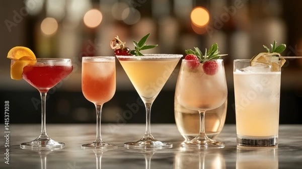 Fototapeta Five Exquisite Cocktails A vibrant collection of sophisticated mixed drinks elegantly garnished with fresh fruit and herbs on transparent background