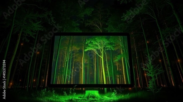 Fototapeta A screen shows a vibrant forest scene, seamlessly merging technology with nature's tranquility in an ethereal, luminescent display.