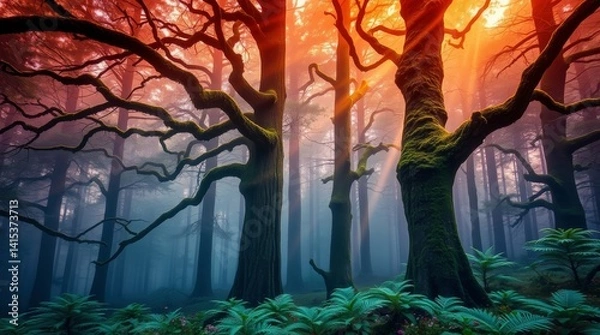 Fototapeta Ethereal forest scene with vibrant foliage, mossy trees, and sunlight filtering through the canopy, creating a magical ambiance.