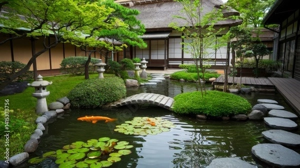 Fototapeta Tranquil garden with koi pond, stone lanterns, and traditional architecture, creating a serene and beautiful outdoor space.