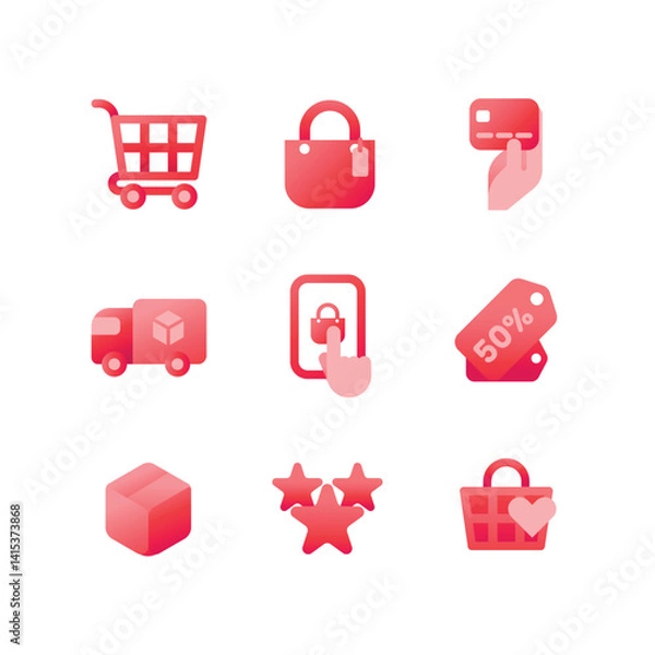 Fototapeta A set of 9 e-commerce and shopping icons, including cart, bag, delivery, credit card, discount, online shopping, wishlist, and product review. Modern flat style.
