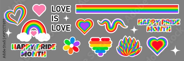 Fototapeta LGBTQ sticker pack on gray background. Colorful collection representing LGBTQ pride community. Rainbow symbols and inclusive elements celebrating diversity and love. Vector EPS10