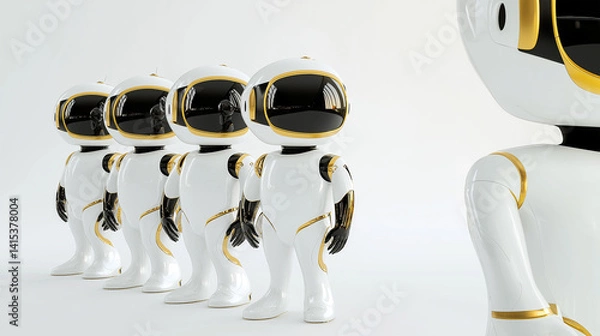 Obraz Group of futuristic robots standing in a line and one larger robot in foreground on white clean background