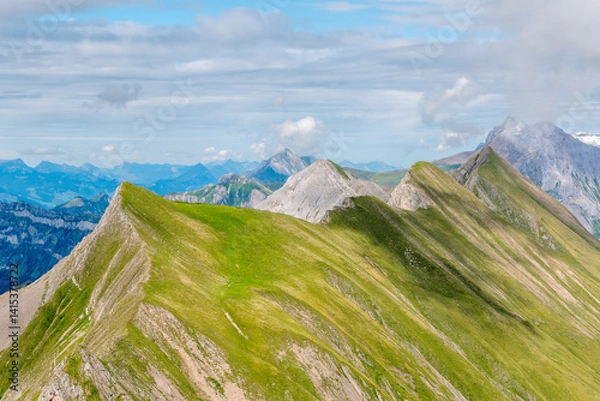 Obraz Beautiful panoramic view from Bunderspitz (2546 m), Swiss Alps. Picturesque grassy summit ridge in foreground.
