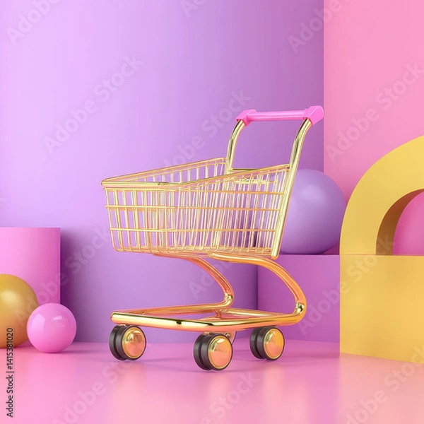 Fototapeta Gold Shopping Cart against Pastel Background in Modern Setting
