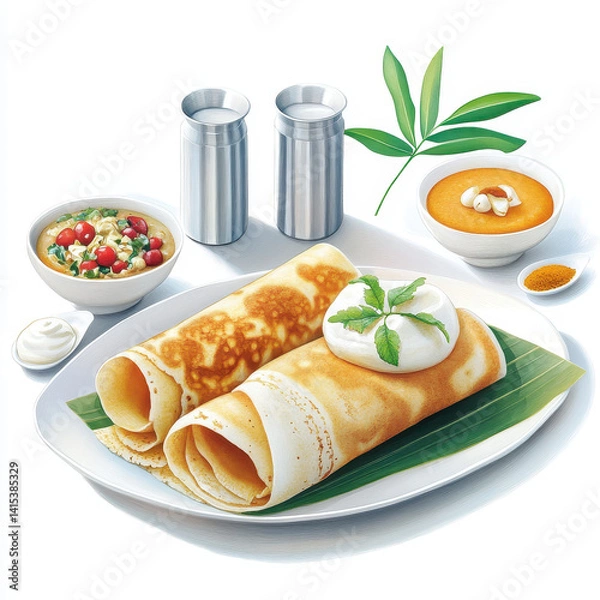 Fototapeta Delicious Indian Dosa with Coconut Chutney and Sambar on Table