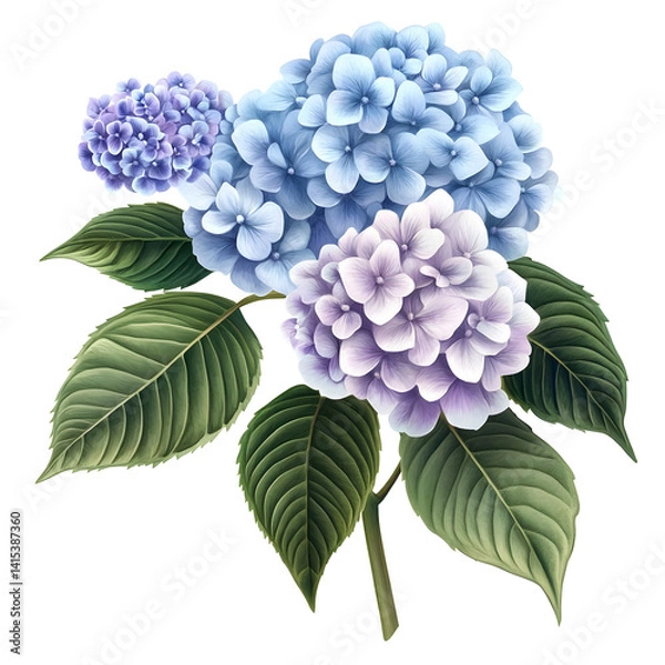 Obraz realistic hydrangea flower cluster with soft blue and lavender petals and large green leaves detailed botanical illustration clip art white background