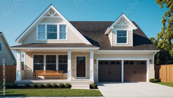 Obraz Classic american single family home with garage and porch on sunny day