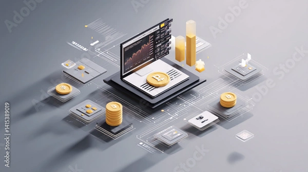 Obraz Computer Viewing Cryptocurrency Market 2023: Digital Finance Visualization with Blockchain, Trading Charts & Investment Graphics