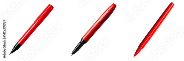 Fototapeta Set of A close-up shot of a red pen and a black pen resting on a wooden desk with natural sunlight on transparent png background. Ai generated