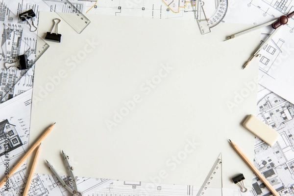 Fototapeta Architectural plans, pencil and ruler on the table. Place for your text