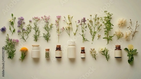 Obraz Medicinal herbs and botanical extracts arranged in a decorative display.