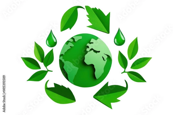 Fototapeta Awareness Campaign Papercut Globe with Leaves and Water for World Environment Day, Isolated on Transparent Background