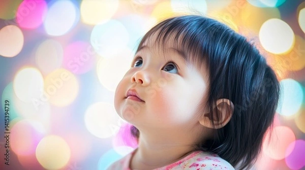 Obraz A curious baby gazes upward, filled with wonder; innocence and discovery in a moment of quiet fascination.