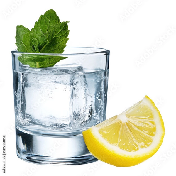 Fototapeta Refreshing Summer Vacation Drink with Lemon Wedge and Mint Leaf Ice Cube Beside Sunlit Glass, Isolated on Transparent Background
