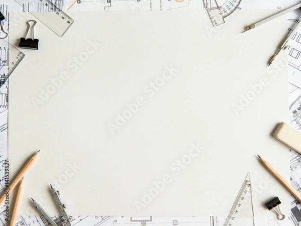 Obraz Architectural plans, pencil and ruler on the table. Place for your text