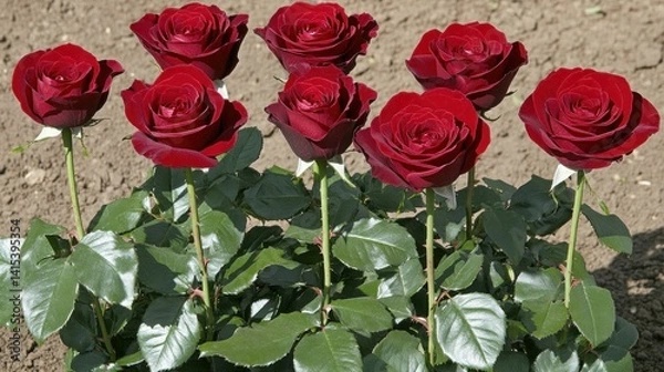 Obraz Deep crimson roses in a garden bed