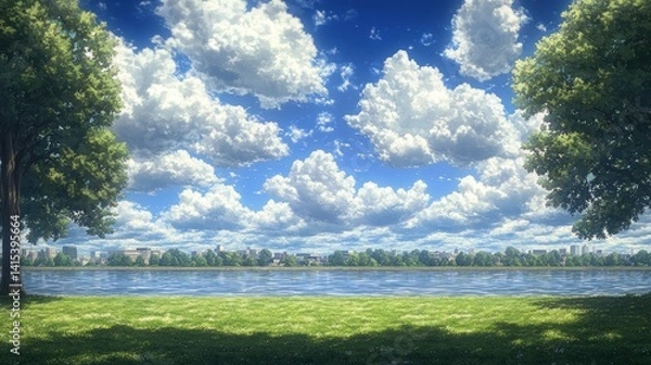 Obraz Picturesque summer landscape with trees, a lake, and a city skyline