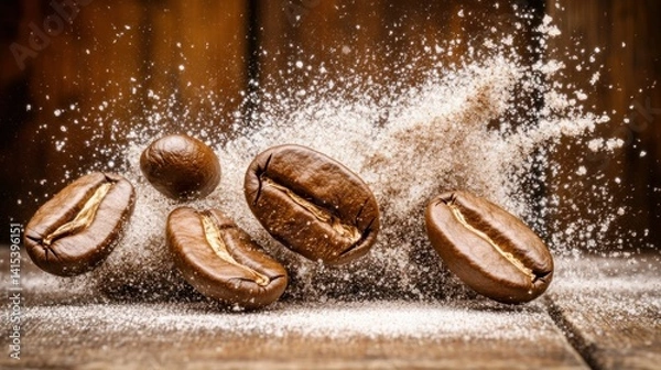 Obraz Coffee beans in mid-air, suspended in a cloud of coffee powder