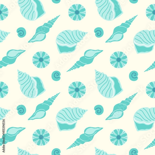 Fototapeta Blue seamless pattern with seashells in flat style. Summer vector ornament in marine theme with illustrations of shells of sea animals.