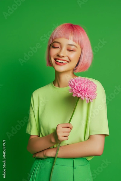 Fototapeta Une modèle femme asiatique aux cheveux rose et aux yeux fermés qui sourit, dans sa vingtaine, tenant une pivoine rose dans sa main, habillée en vert sur fond vert