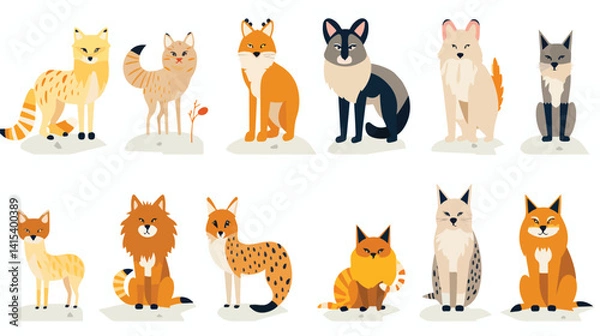 Fototapeta Cute Wild Animals in Safari Jungle - Lynx, Cat, and Fox Illustration