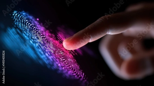 Obraz Touch of Tomorrow: A fingertip interacts with a glowing, high-tech interface showcasing biometric data, set against a dark, futuristic backdrop.