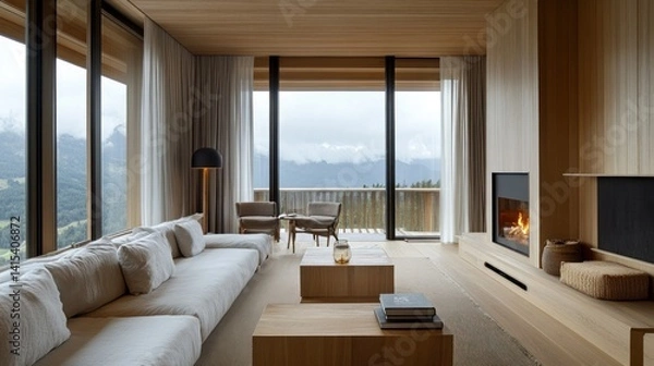Fototapeta Modern living room with mountain view and fireplace