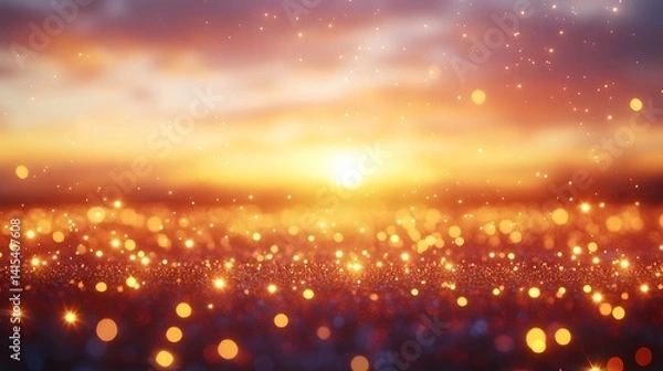 Fototapeta Golden sunset shimmering with glittering particles.