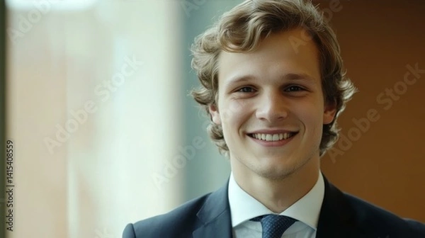 Obraz Young man smiling confidently in professional attire, conveying success and self-assurance in a modern workplace.
